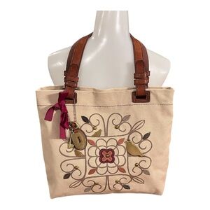Fossil Penelope Bird Cream Tote with Brown Leather Straps